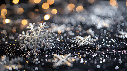 A black velvet board with sparkling silver snowflakes, crystal ornaments, and twinkling LED lights