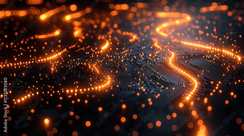 Leinwandbilder a vibrant, abstract representation of data flow with glowing orange lines on a dark surface.