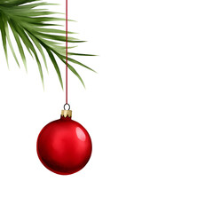 A bright red Christmas ornament hangs from a green palm frond against a white background, evoking a festive atmosphere.