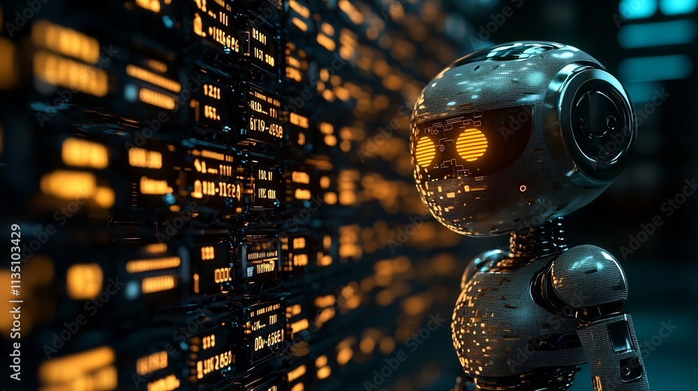 Poster futuristic assistant detecting and preventing phishing scams with warning icons