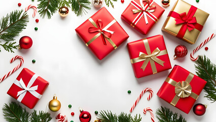 Christmas Gift Frenzy: Red and Gold Presents, Candy Canes, and Festive Ornaments create a cheerful holiday scene. Perfect for cards, banners, and social media.