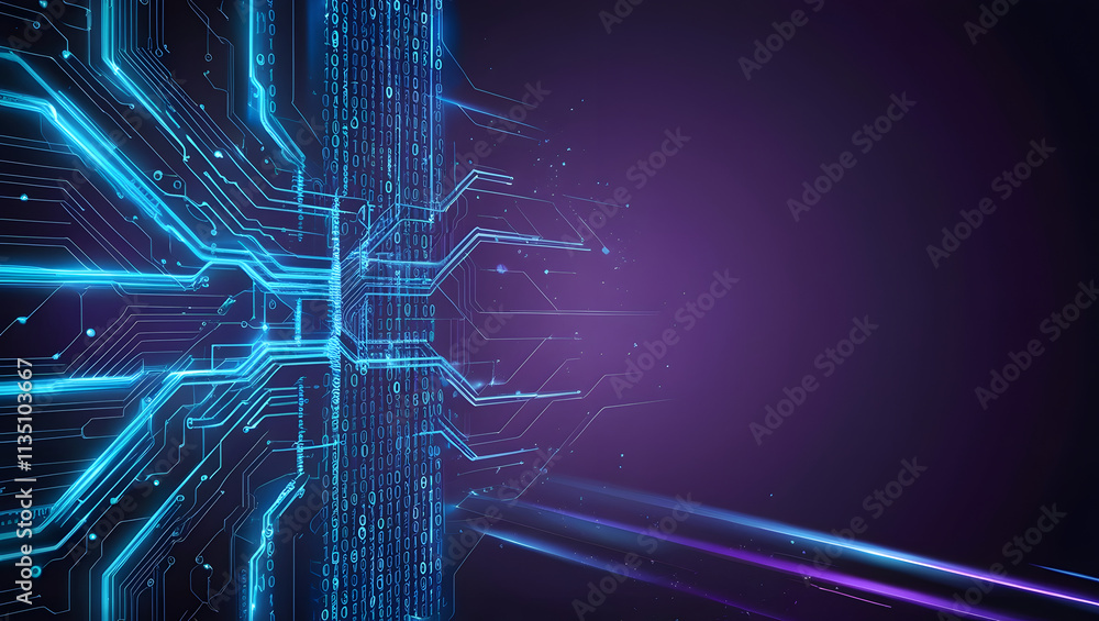 Poster digital circuitry abstract: glowing blue lines form an intricate digital circuit board pattern again