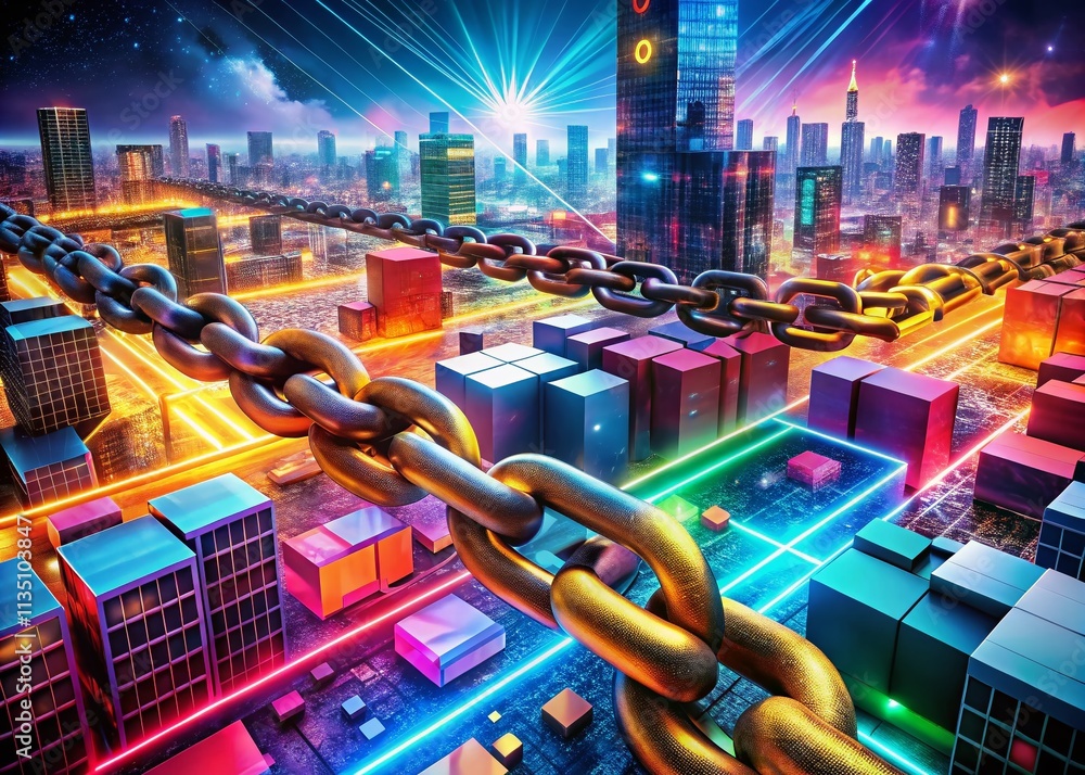 Poster panoramic view of blockchain cryptocurrency mining symbol chain in a futuristic digital landscape - 