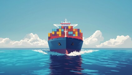 A Vibrant Container Ship Cutting Through Serene Waters Under a Clear Blue Sky
