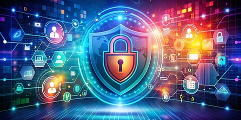 Obraz premium Panoramic View of Cyber Security and Data Protection Concept with Shield, Padlock, and Business Icons for Safe Social Media Networks and Digital Safety Strategies
