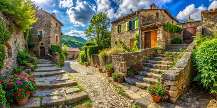 Panoramic View of Cultural Landscape in Ardeche, France: Stony Path and Dry Masonry Stairway at Creysseilles Near Privas 07000, Showcasing Rustic Charm and Heritage
