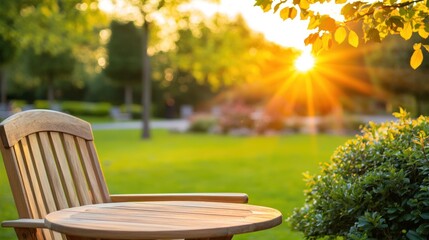 Fototapeta premium Sunset serenity wooden chair and table in a tranquil park nature photography warm glow