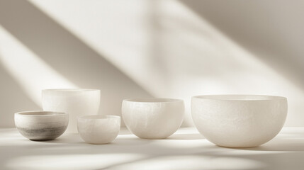 Minimalist crystal singing bowls in sunlit serenity for sound healing and relaxation