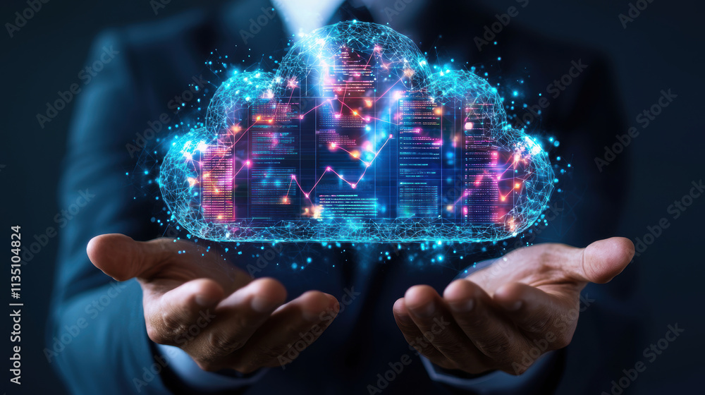 Poster transforming data into insights with digital cloud concept, showcasing technology and innovation