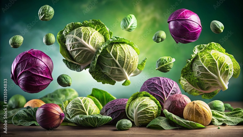 Poster panoramic view of falling cabbages in a vibrant 3d render with alpha channel for unique culinary and