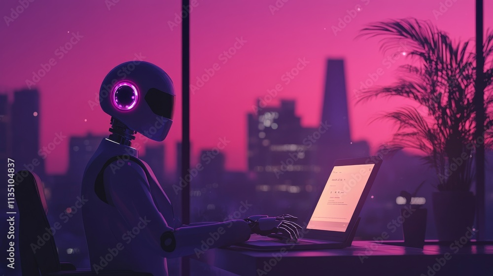 Poster a robot is seen working on a laptop with a glowing city skyline in the background, bathed in twiligh