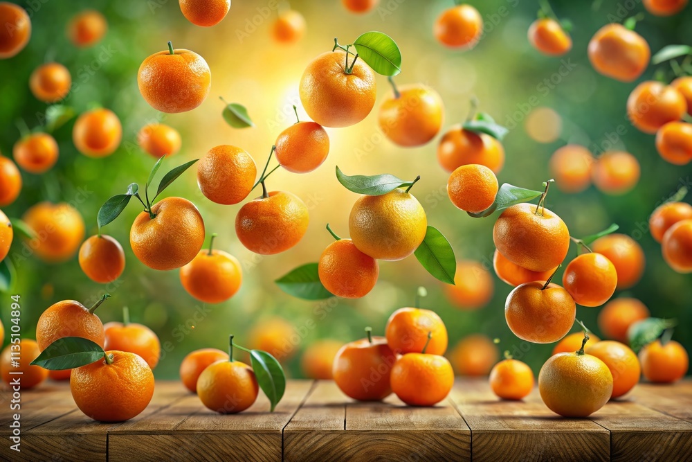 Poster panoramic view of falling mandarins in a vibrant 3d render with alpha channel for creative projects 