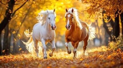 Autumn horses galloping through golden leaves nature scene outdoor vibrant colors