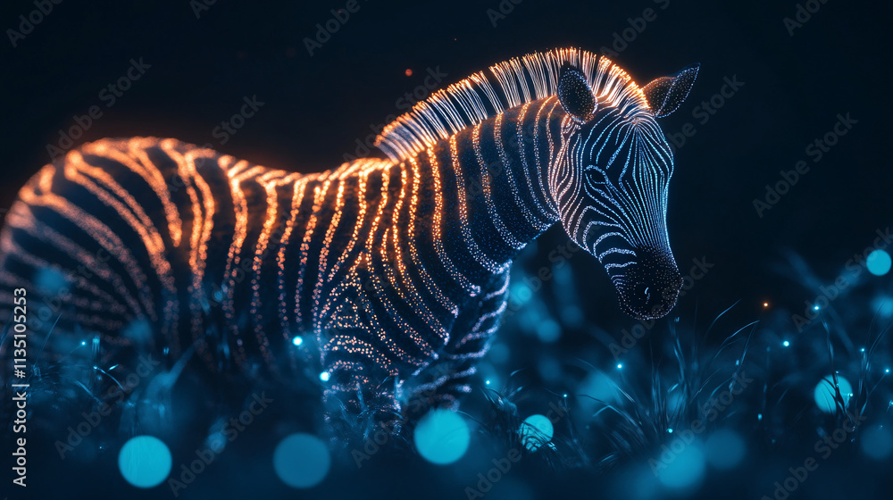 Poster a glowing population ecology icon linked to a zebra, representing online platforms studying species 