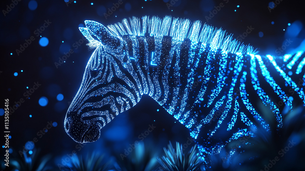 Poster a glowing population ecology icon linked to a zebra, representing online platforms studying species 