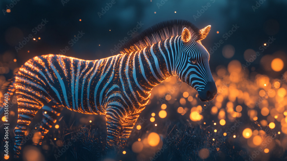 Poster a glowing population ecology icon linked to a zebra, representing online platforms studying species 