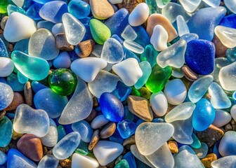 Panoramic View of Layered Background with Vibrant White and Blue Sea Glass, Capturing the Beauty of Nature's Treasures in a Serene Coastal Setting