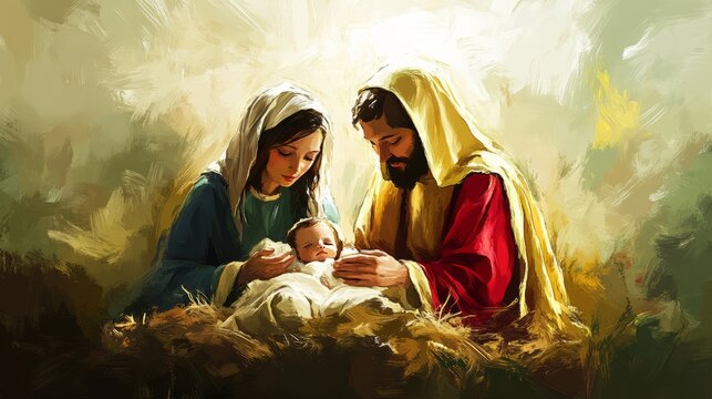 A Heartwarming Scene of the Holy Family with Infant Jesus in a Serene Setting
