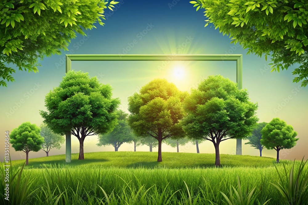 Poster panoramic view of lush green trees and grass silhouettes framing a blank space for custom text or me