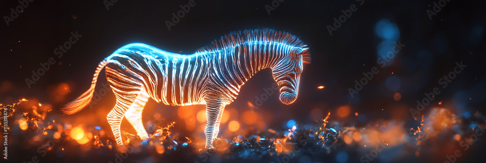 Poster a glowing population ecology icon linked to a zebra, representing online platforms studying species 