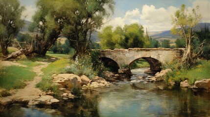 Fototapeta premium A serene landscape featuring an arched stone bridge over a gently flowing river, surrounded by lush greenery and blooming wildflowers. The scene is bathed in soft natural light, with a picturesque sky