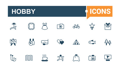 Hobby icon set. Containing linear, vacation, glyph, relax, sea, bus, drink and more. Minimalistic web and UI icons. Editable vector outline and solid icons.