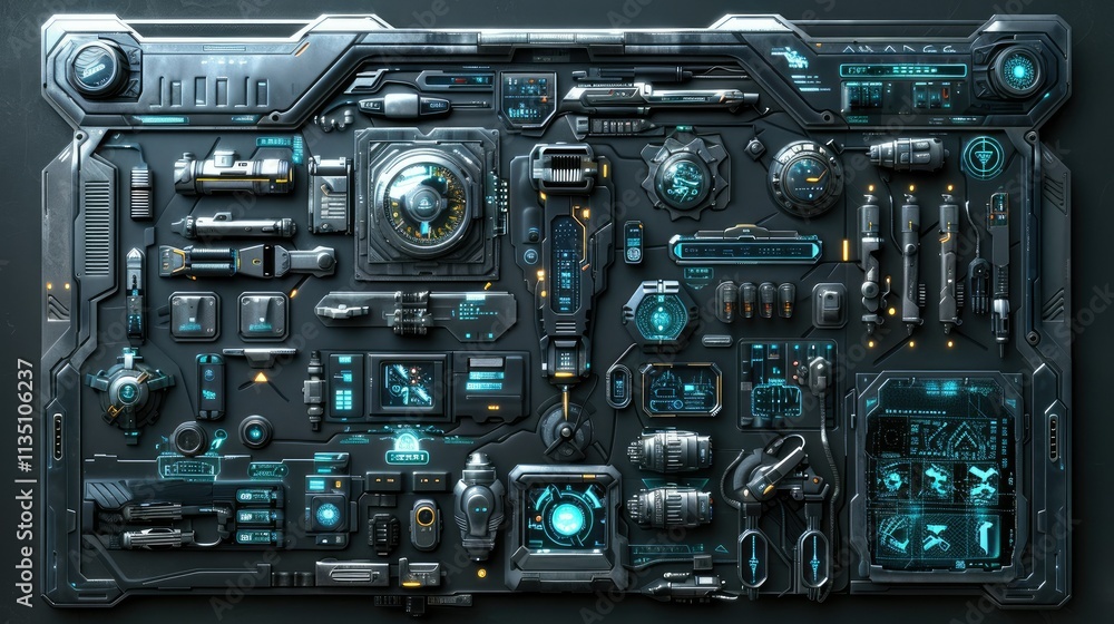 Poster a futuristic control panel featuring various high-tech components and interfaces.