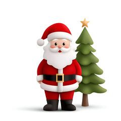 A joyful cartoon Santa Claus stands beside a decorated Christmas tree, capturing the essence of holiday cheer.