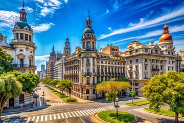 Obraz premium Panoramic View of Stunning Historic Architecture along Avenida de Mayo in Buenos Aires, Showcasing Elegant Facades and Vibrant Urban Life in a Captivating Scene