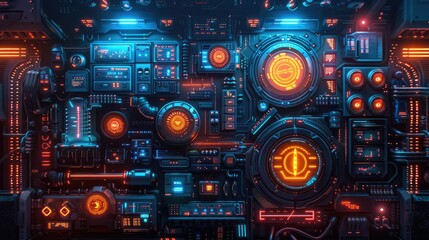 Fototapeta premium A futuristic control panel filled with glowing buttons and screens, suggesting advanced technology.