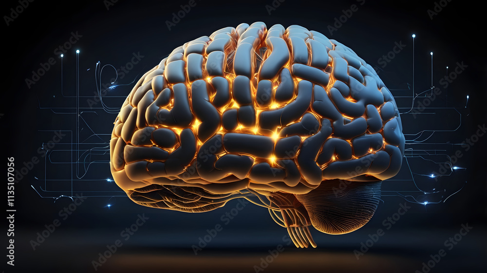Poster illuminated mind: a 3d rendering of a human brain, glowing with inner light, set against a dark back