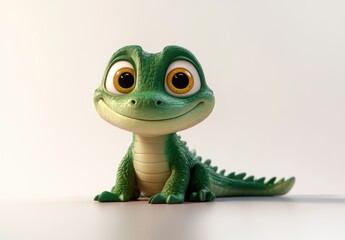 Fototapeta premium Cute Green Cartoon Lizard Character with Big Eyes and Cheerful Smile