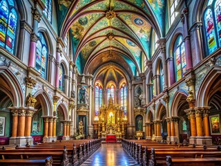 Obraz premium Panoramic View of the Majestic Interior of St. Elizabeth Church in Lviv Showcasing Stunning Architecture and Vibrant Stained Glass Windows
