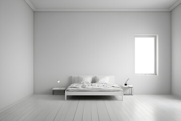 Modern minimalist white bedroom with unmade bed and window
