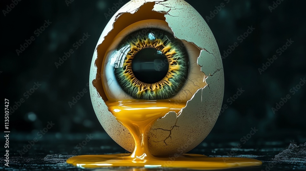 Poster a surreal image of an egg with a cracked shell, revealing a detailed eye and yolk dripping out. the 