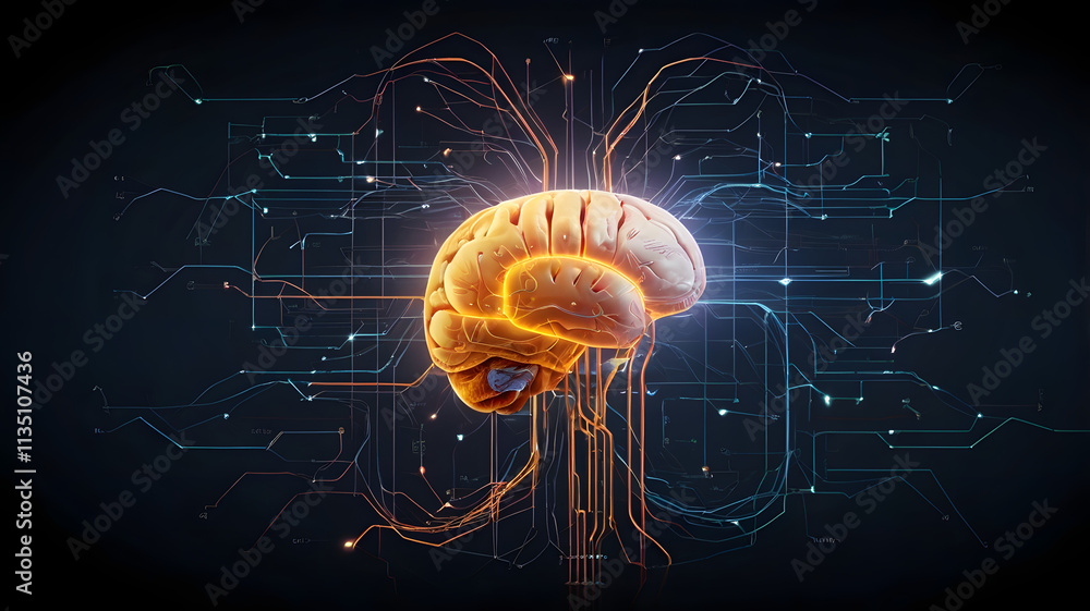 Poster brain power: an illuminated 3d brain, pulsating with energy against a dark backdrop, showcasing the 