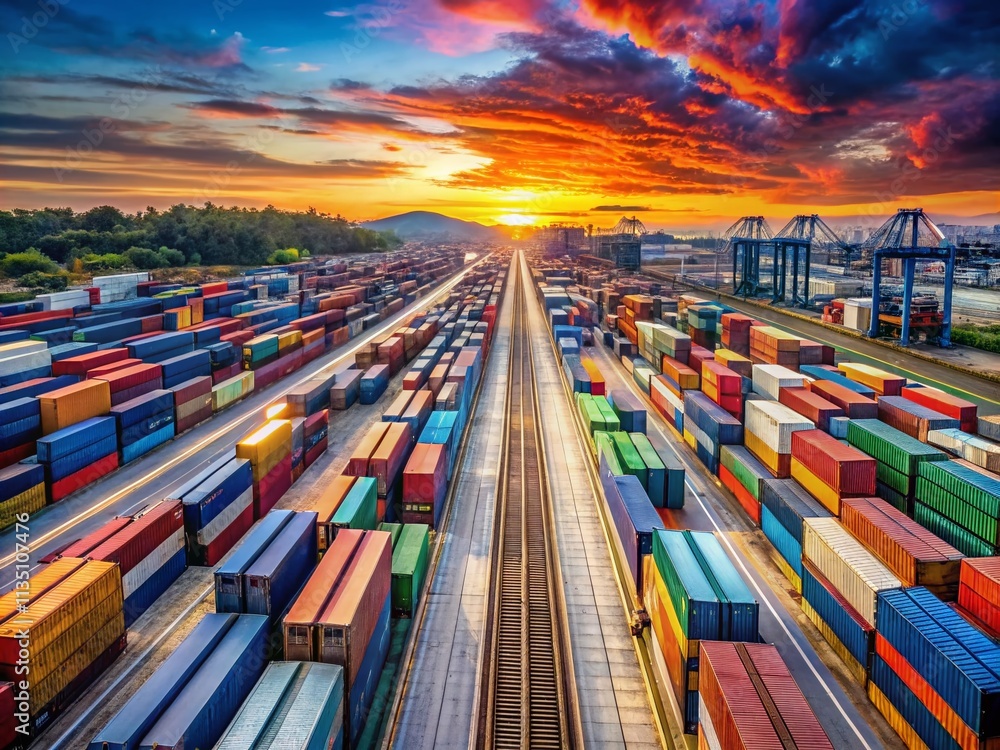 Poster panoramic view of vibrant shipping containers aligned on railway tracks in a busy cargo terminal, sh