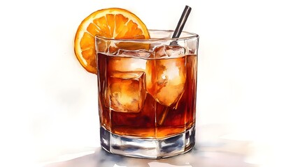 Refreshing Glass of Sweet Iced Tea with Orange Slice and Ice Cubes on a White Background for Summer Drink Inspiration and Culinary Creativity