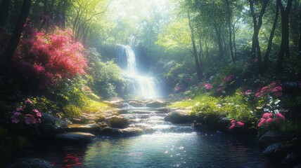 Fototapeta premium Enchanted Waterfall in a Lush, Spring Forest.