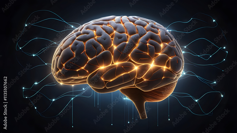 Poster illuminated mind: a 3d rendering of a human brain, glowing with inner light and connected by intrica