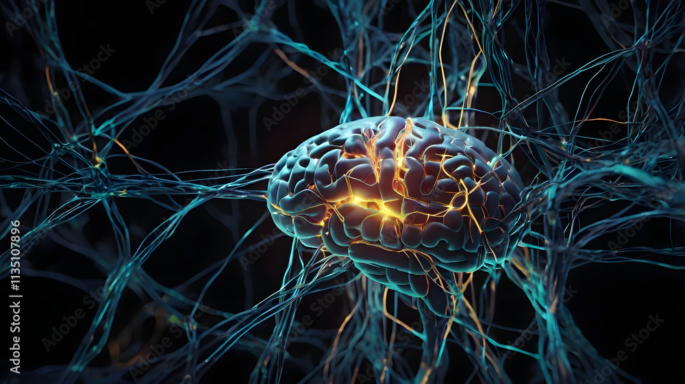 Poster synaptic spark: a mesmerizing abstract depiction of a human brain, engulfed in a network of glowing 