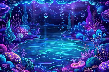 Fototapeta premium Colorful underwater scene with a blue river and purple plants