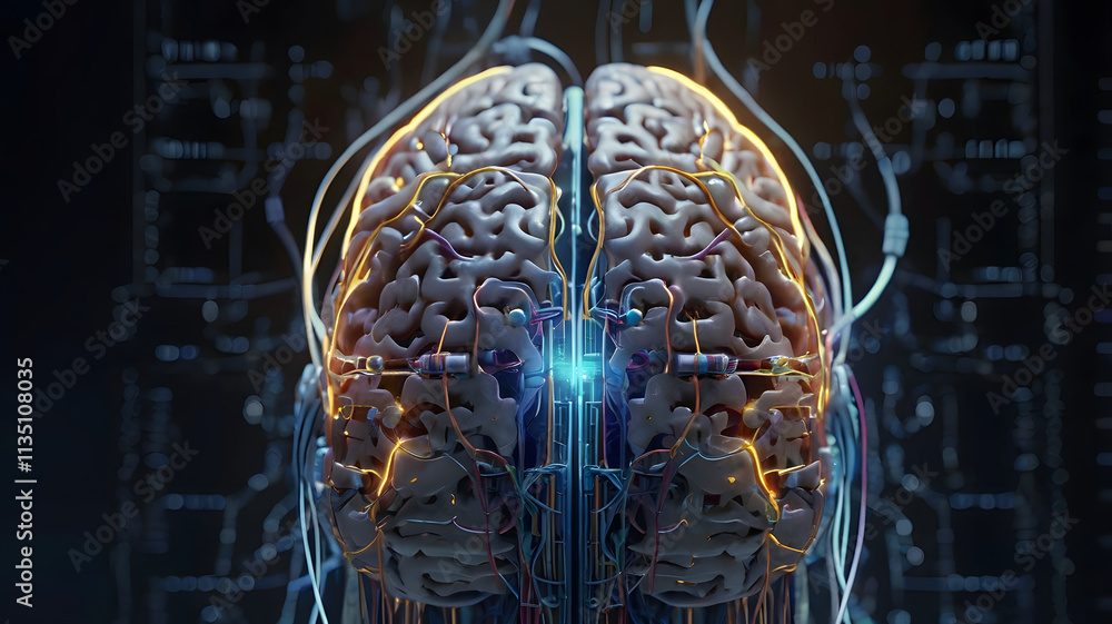 Poster human brain circuitry: a detailed 3d rendering of a human brain, intricately connected to a complex 