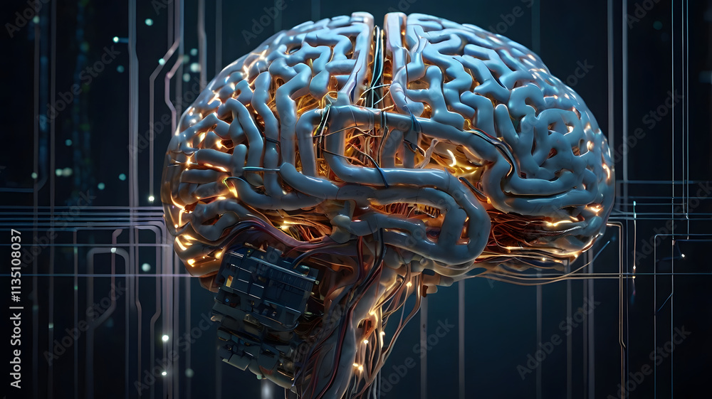 Poster cybernetic brain: a mesmerizing digital rendering of a human brain, intricately detailed with glowin