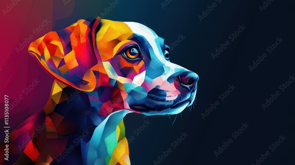 Poster a vibrant, geometric portrait of a dog showcasing colorful patterns and artistic expression.