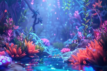 Colorful underwater scene with a panda fish swimming in the water