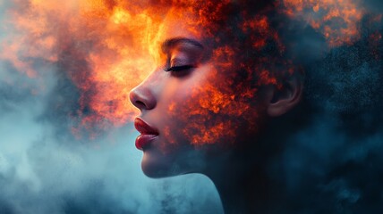 Fiery Portrait: A Woman's Face Embraces Burning Passion.