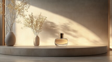 Serene Minimalist Perfume Still Life: Golden Hour Elegance