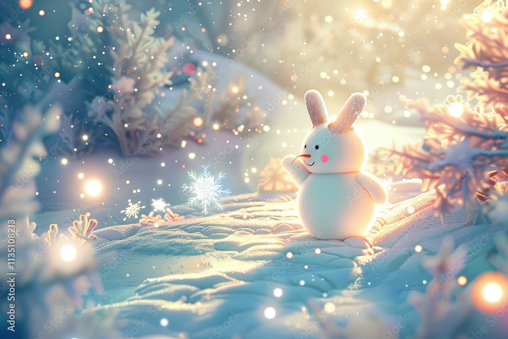 Poster snow rabbit is standing in the snow with a snowflake in its mouth