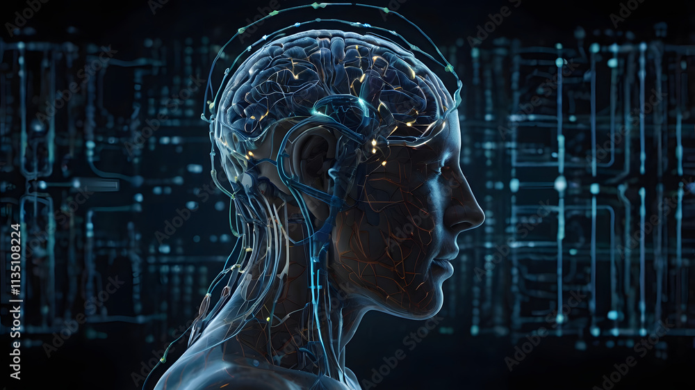 Poster the mind's circuitry: a captivating digital rendering of a human brain, intricately interwoven with 